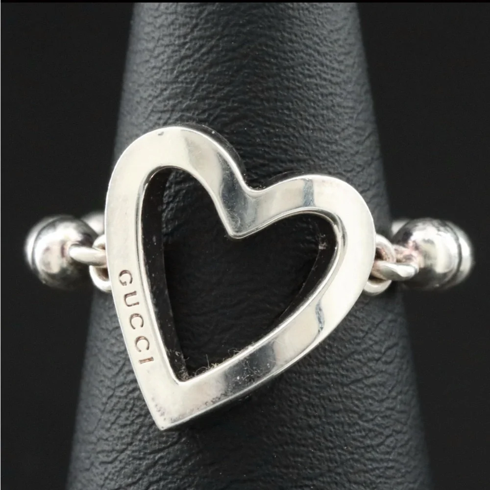 Gucci Sterling Silver Open Heart Beaded Chain Link Ring Sz 6